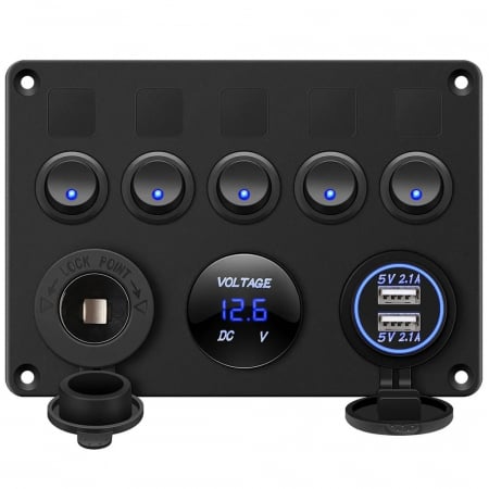 Panou comutator auto pentru încorporare cu 5 butoane 12V-24V 2 buc USB 4.2A cu priză de ieșire 12V pentru brichetă și voltmetru dublu LED Negru [7]