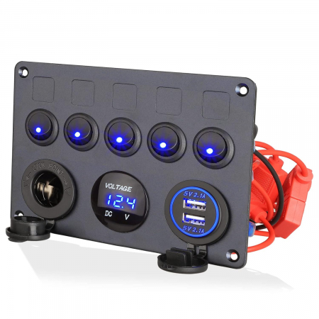 Electronice si electrice auto - Panou comutator auto pentru încorporare cu 5 butoane 12V-24V 2 buc USB 4.2A cu priză de ieșire 12V pentru brichetă și voltmetru dublu LED Negru