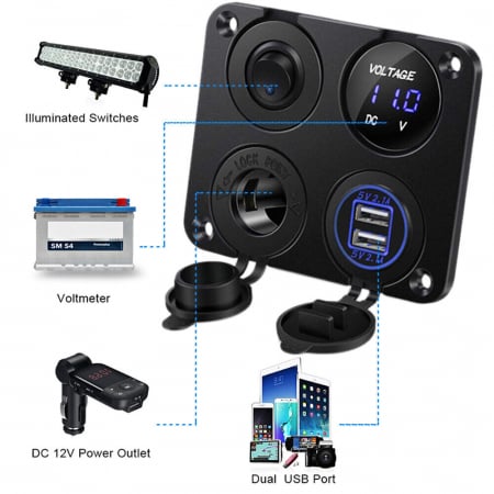 Panou comutator auto pentru încorporare cu 5 butoane 12V-24V 2 buc USB 4.2A cu priză de ieșire 12V pentru brichetă și voltmetru dublu LED Negru [13]