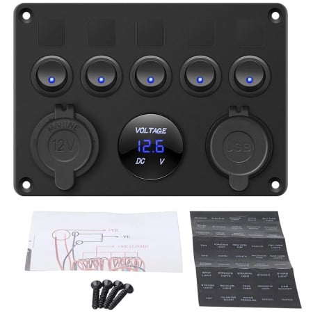 Panou comutator auto pentru încorporare cu 5 butoane 12V-24V 2 buc USB 4.2A cu priză de ieșire 12V pentru brichetă și voltmetru dublu LED Negru [6]