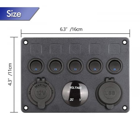 Panou comutator auto pentru încorporare cu 5 butoane 12V-24V 2 buc USB 4.2A cu priză de ieșire 12V pentru brichetă și voltmetru dublu LED Negru [3]