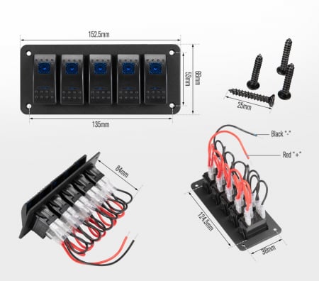 Panou universal cu 5 intrerupatoare ON/OFF cu iluminare LED 12V–24V [1]