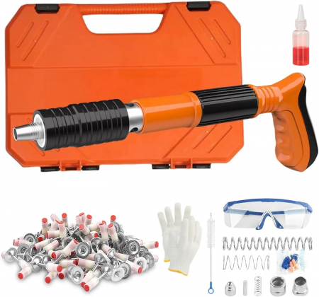 Noutati Real Auto - Pistol pneumatic mini pentru cuie de perete, 30 cm, calibru 7,3 cm, cu accesorii și cutie de transport, portocaliu