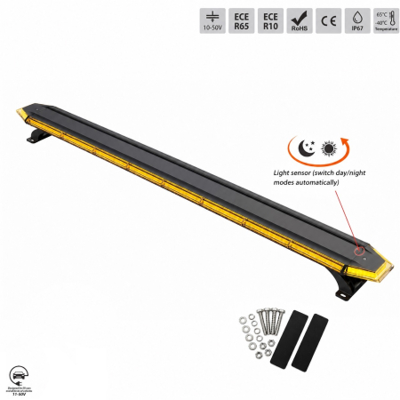 Electronice si electrice auto - Rampa Girofar LED Stroboscopic Portocalie, 137.5 cm, 14 Moduri de Avertizare, 12/24/48V, 58-83W, ECE R65/R10, E9, IP67, Senzor Zi/Noapte