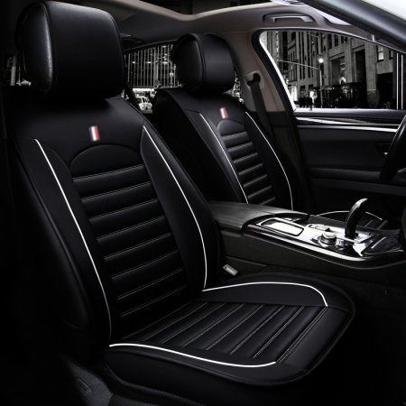 Accesorii pentru interior - Set 1+1 Huse Scaune Auto Flexzon Premium Lux Piele Ecologica, Negru/Albastru