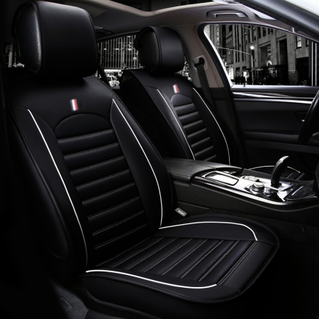 Accesorii pentru interior - Set 1+1 Huse Scaune Auto Premium Lux Piele Ecologica, Negru/Albastru