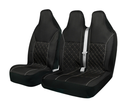 Universale - Set huse scaune universale textile 2+1 locuri cu tetiera integrata - Negru cu cusatura gri