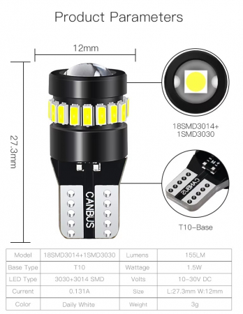 Set 2 becuri LED CANBUS T10 W5W - 3030+3014 SMD, lumina alba 6000K, 12-24V [1]