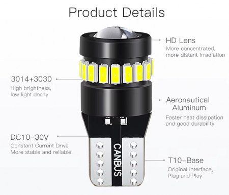 Set 2 becuri LED CANBUS T10 W5W - 3030+3014 SMD, lumina alba 6000K, 12-24V [2]