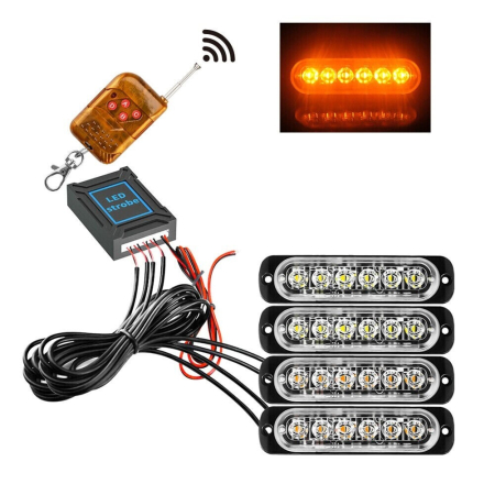 Stroboscoape - Set 4 stroboscoape cu 6 LED-uri de urgență, grilă față, spate cablare modul de cutie si telecomand, 12 -24 V, 4 buc