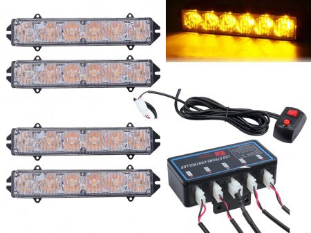 Stroboscoape - Set 4 lampi LED, 6 Leduri, Tip Stroboscop De Avertizare, Galben, Flash, cu Controler, 12V