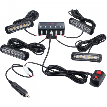 Stroboscoape - Set 4 lampi LED 6 Leduri, Tip Stroboscop De Avertizare, Galben, Flash, cu Controler, 12V-24V