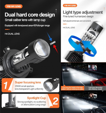 Set Becuri auto H4 LED cu lupa, Y10 , 200%, 60W 6400LM, 6000K, 360° Canbus - 12V [5]