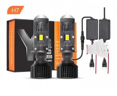 Becuri LED - Set Becuri auto LED cu lupa, Y10 H7, 200%, 50W 6400LM, 6000K, 360° Canbus - 12V