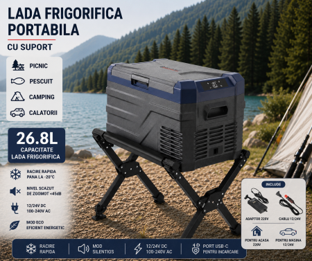 Electronice si electrice auto - Set Camping - Lada Frigorifica Portabila SMART 26.8L + Suport Pliabil Reglabil din Aluminiu 60kg