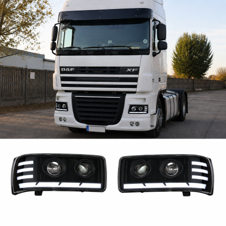 Accesorii Camioane - Set Faruri LED   DAF  XF105 stanga + dreapta cu 2 lupe Space Cab / Super Space Cab, 24V, DRL Alb-Portocaliu, Startup Effect