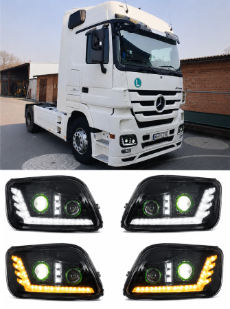 Faruri si proiectoare camion - Set Faruri LED  Mercedes-Benz Actros MP3 / MegaSpace 2008-2011 Stanga + Dreapta cu 2 Lupe, 24V, DRL Alb-Portocaliu, Startup Effect,