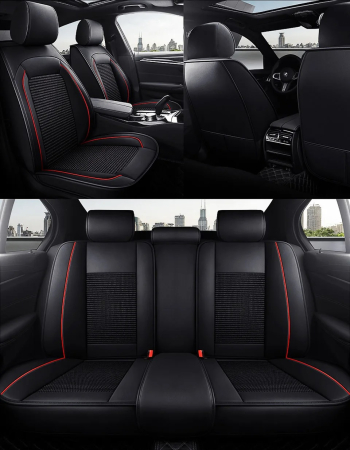 Huse auto - Set Huse Auto universale din piele ecologica cu material textil, negru cu contur alb pentru scaune fata si spate