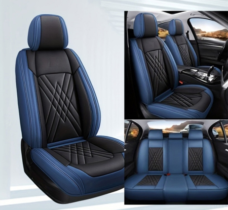 Noutati Flexzon - Set Huse Auto universale luxoase din piele ecologica, albastru si negru pentru scaune fata si spate