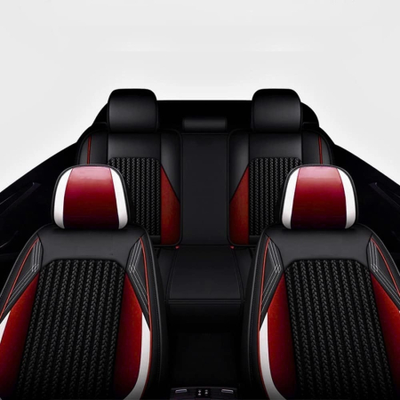 Accesorii pentru interior - Set Huse Auto universale luxoase din piele ecologica cu material textil, negru cu accent rosu si alb pentru scaune fata si spate