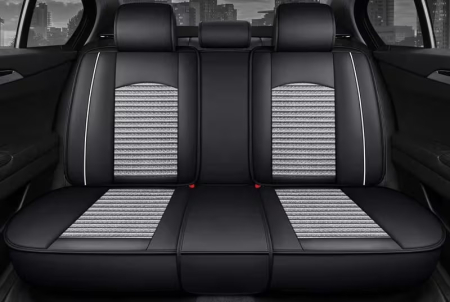Set Huse Auto universale luxoase din piele ecologica cu material textil, negru cu contur alb pentru scaune fata si spate [3]