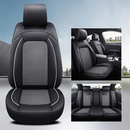 Set Huse Auto universale luxoase din piele ecologica cu material textil, negru cu contur alb pentru scaune fata si spate [4]