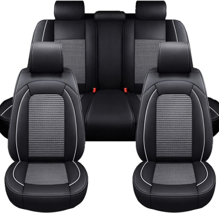 Accesorii pentru interior - Set Huse Auto universale luxoase din piele ecologica cu material textil, negru cu contur alb pentru scaune fata si spate