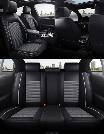 Accesorii pentru interior - Set Huse Auto universale luxoase din piele ecologica cu material textil, negru cu contur alb pentru scaune fata si spate