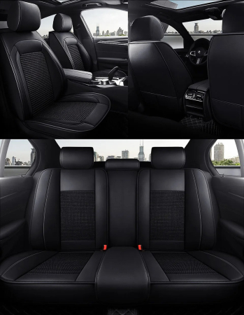 Noutati Flexzon - Set Huse Auto universale luxoase din piele ecologica cu material textil, negru pentru scaune fata si spate