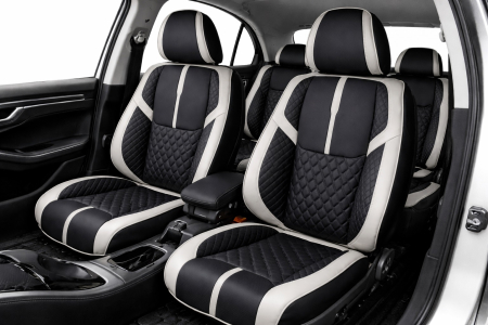 Universale - Set Huse Auto universale luxoase din piele ecologica, negru-alb, integral din piele ecologica, pentru scaune fata si spate