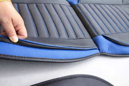 Set Huse Auto universale luxoase din piele ecologica, negru cu cusatura albastra pentru scaune fata si spate [2]