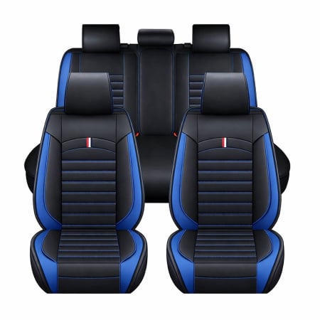 Set Huse Auto universale luxoase din piele ecologica, negru cu cusatura albastra pentru scaune fata si spate [0]
