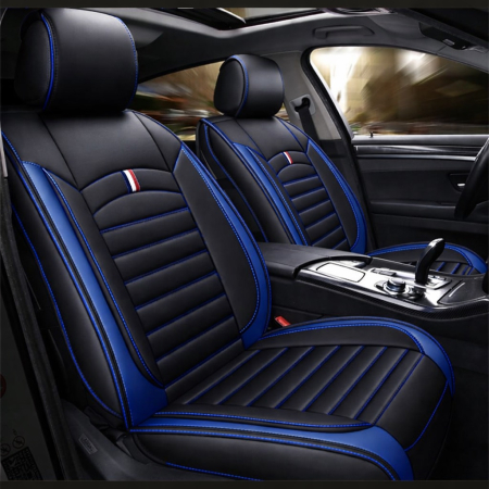 Set Huse Auto universale luxoase din piele ecologica, negru cu cusatura albastra pentru scaune fata si spate [1]
