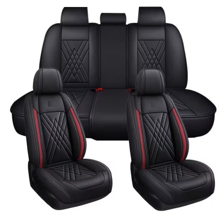 Accesorii pentru interior - Set Huse Auto universale luxoase din piele ecologica, negru cu rosu pentru scaune fata si spate