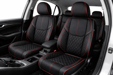 Accesorii pentru interior - Set Huse Auto universale luxoase din piele ecologica, negru-rosu, integral din piele ecologica, pentru scaune fata si spate