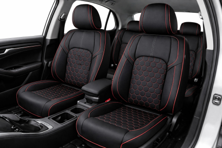 Volkswagen - Set Huse Auto universale luxoase din piele ecologica, Negru-Rosu pentru scaunele din fata si din spate