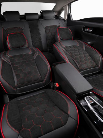 Set Huse Auto universale din piele ecologica si alcantara, Negru-Rosu pentru scaunele din fata si din spate [1]