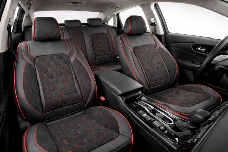 Accesorii pentru interior - Set Huse Auto universale din piele ecologica si alcantara, Negru-Rosu pentru scaunele din fata si din spate