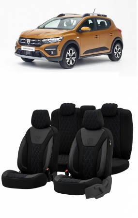 Accesorii pentru interior - Set huse scaune din piele si textil compatibile Dacia Sandero Stepway (2020-2025) Negru+Albastru