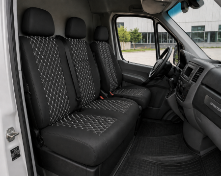 Accesorii pentru interior - Set Huse din Piele Ecologica pentru Mercedes Sprinter W906 2006-2018 – Negru cu Cusatura Alba