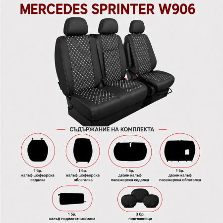 Set Huse din Piele Ecologica pentru Mercedes Sprinter W906 2006-2018 – Negru cu Cusatura Alba [1]