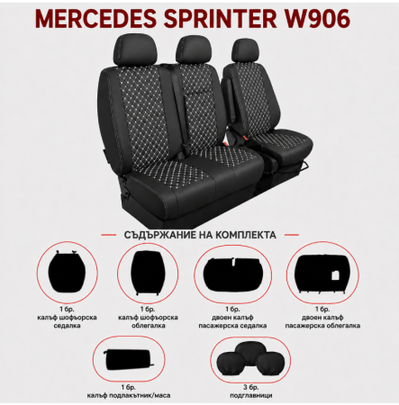 Set Huse din Piele Ecologica pentru Mercedes Sprinter W906 2006-2018 – Negru cu Cusatura Alba [1]