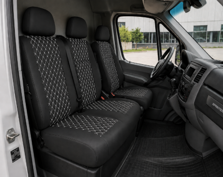 Mercedes - Set Huse din Piele Ecologica pentru Mercedes Sprinter W906 2006-2018 – Negru cu Cusatura Alba