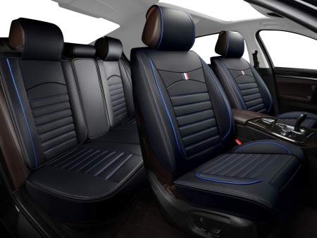 Accesorii pentru interior - Set Huse Scaune Auto piele ecologica, negru albastru, 5 buc