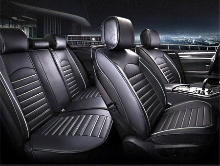 Accesorii pentru interior - Set huse Scaune Auto Universale, Editie Lux, Piele ecologica, Negru/Alb, 9buc