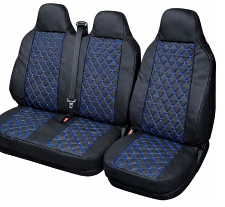 Accesorii pentru interior - Set huse scaune piele ecologica 2+1 cu tetiera integrata – Negru cu cusatura albastra