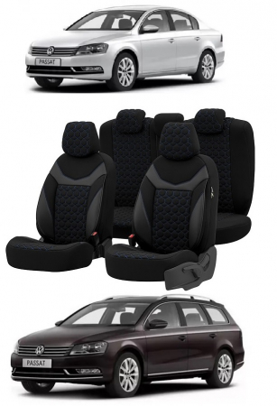 Volkswagen - Set huse scaune piele si textil compatibile VW PASSAT B7 (2010-2015) Albastru