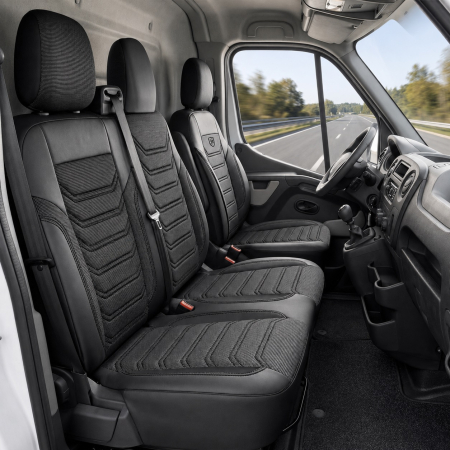 Accesorii pentru interior - Set huse scaune premium PANDA pentru MERCEDES SPRINTER III 2018+, Piele ecologica si material textil, Negru/Gri