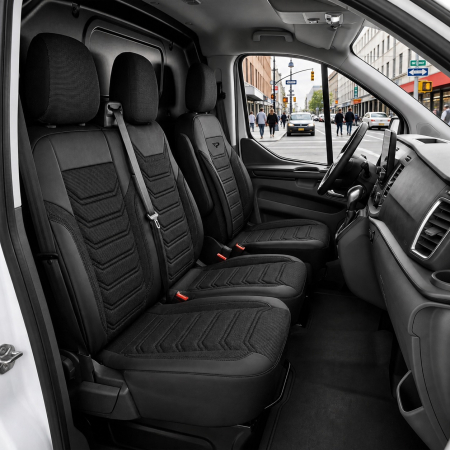 Accesorii pentru interior - Set huse scaune premium PANDA pentru PEUGEOT EXPERT III 2016+ / CITROEN JUMPY III 2016+ / OPEL VIVARO C 2019+ / FIAT SCUDO 2022+, Piele ecologica si material textil, Negru/Gri