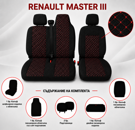 Set Huse Textile dedicate Renault Master III 2010-2019 – Negru cu Cusatura Rosie [3]